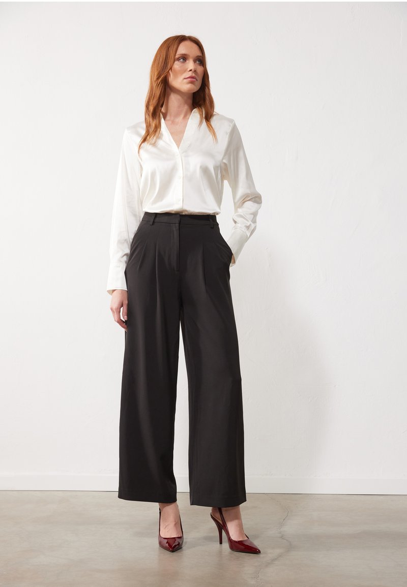 Camicetta bianca in satin con colletto, infilata in pantaloni neri a vita alta e gamba larga; abbinata a scarpe con tacco a punta rossa. Texture liscia e lucida.