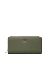 Rectangular green leather wallet with gold logo accent, red stitching, and a zipper closure. Smooth texture with minimalistic design.