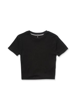 T-shirt crop in cotone nero con maniche corte, collo rotondo e testo embossato discreto sulla parte anteriore. Texture liscia, design minimale.