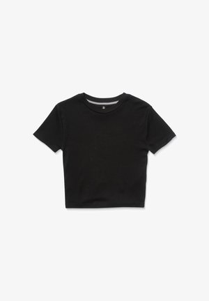 Camiseta de algodón negra de corte crop con mangas cortas, cuello redondeado y texto en relieve sutil en la parte frontal. Textura suave, diseño minimalista.