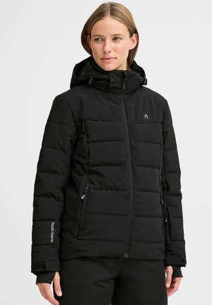 Schwarze Steppjacke mit Kapuze, Reißverschluss vorne und zwei Seitentaschen. Sie hat ein gestepptes Design und verstellbare Ärmelbündchen mit Klettverschlussschlaufen.