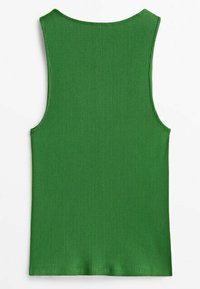 Green ribbed tank top with a round neckline, sleeveless design, and a fitted silhouette; textured fabric with visible ribbing pattern.