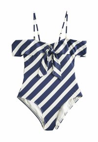 Maillot de bain une pièce rayé bleu marine et blanc avec un design dénudé des épaules, un détail noué à l'avant, des bretelles réglables et une texture lisse.