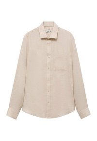 Beżowa koszula z długim rękawem zapinana na guziki, z kołnierzykiem i jedną kieszenią na piersi, przedstawiona na białym tle.