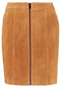 Gonna a matita in suede marrone con una texture liscia, dotata di una cerniera centrale e cuciture verticali per una silhouette aderente.