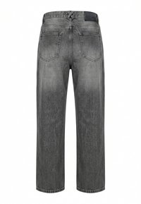 Jean denim gris à jambes larges vu de dos avec deux poches arrière et un patch en cuir noir à la taille.