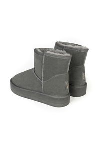 Botas de tobillo de ante gris con un grueso forro de piel sintética gris. Cuentan con costuras a la vista y una suela de goma plana, con un pequeño logo de la marca en el lateral.