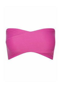 Bikini górny w żywym różowym kolorze, z prążkowaną teksturą, gładkimi brzegami i asymetrycznym kształtem, nadającym nowoczesny wygląd.