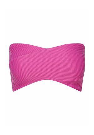 Bandeau-Bikini-Top in leuchtendem Pink, mit gerippter Textur, glatten Kanten und einem asymmetrischen Design für einen modernen Look.