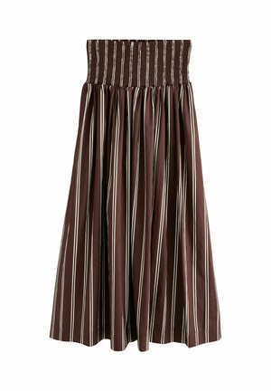 Brunstribet nederdel med elastisk talje med rynkede detaljer, som har lodrette hvide striber, plisseret design og en flydende stoftekstur.