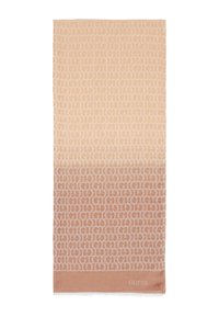 Bufanda beige clara hecha de tejido suave, con un patrón de logotipo repetido, que transiciona de tonos más claros a más oscuros, y un borde de marca.