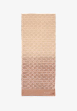 Light beige scarf made of soft fabric, featuring a repeating logo pattern, transitioning from lighter to darker tones, with a branded edge.