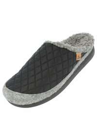 Zwarte gewatteerde slipper met een grijze fluffy voering en zolen, voorzien van een ronde neus en een klein leren merketiket aan de zijkant.