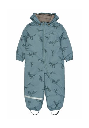 Combinaison de ski enfant bleu rembourrée avec imprimés de dinosaures, capuche, fermeture éclair devant, poignets élastiques et attaches aux pieds.