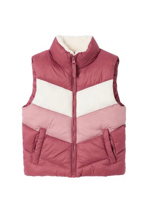 Sleeveless padded vest with high collar, zipper front, and chevron pattern in dark pink, light pink, and white colors.