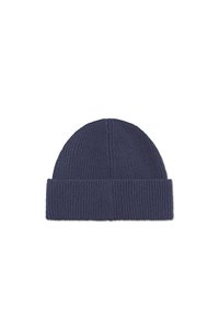 Knitted beanie hat in dark navy blue. Features a ribbed texture with a rolled cuff. Made from soft, warm fabric for comfort.