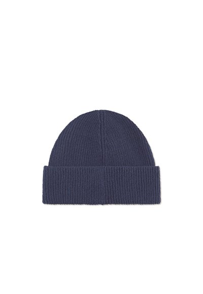 Bonnet tricoté de couleur bleu marine foncé. Il présente une texture côtelée avec un revers. Fabriqué en tissu doux et chaud pour le confort.