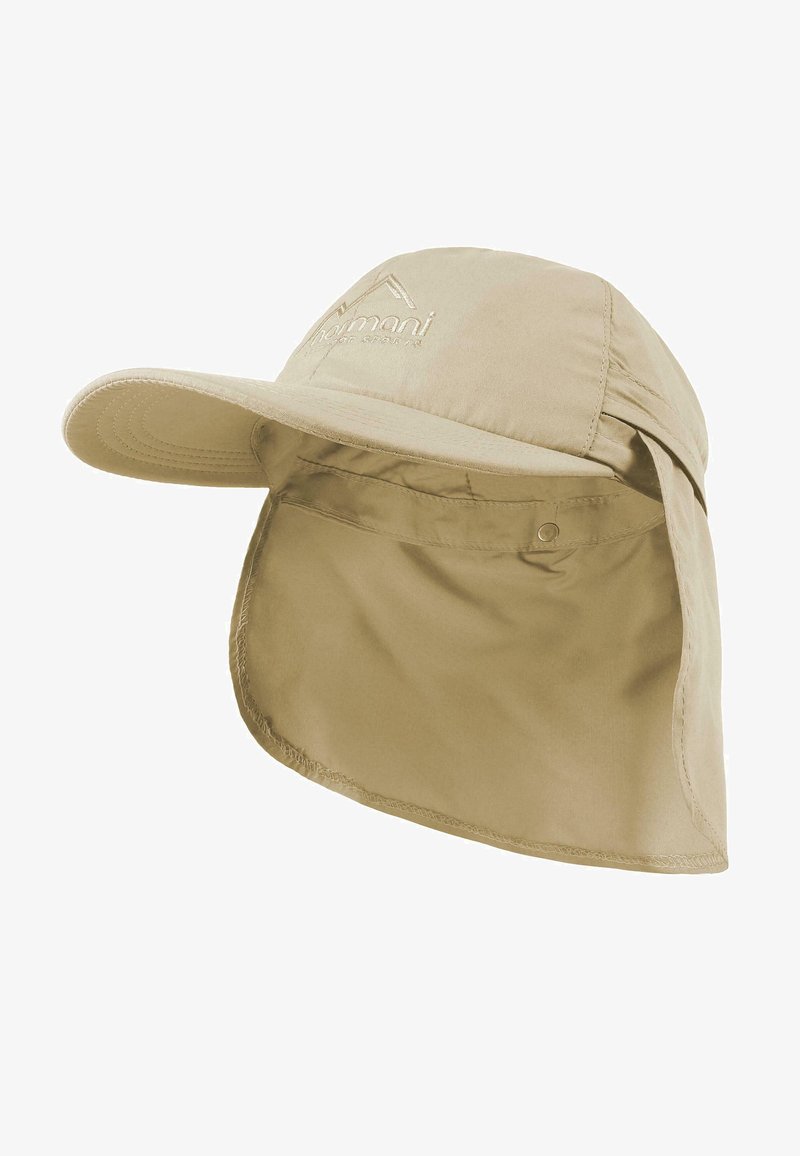 Beige Kappe mit einem breiten, verlängerten Rückenschirm zum Sonnenschutz, mit gestickten Akzenten und einem kleinen Logo auf der Vorderseite. Aus leichtem Stoff gefertigt.