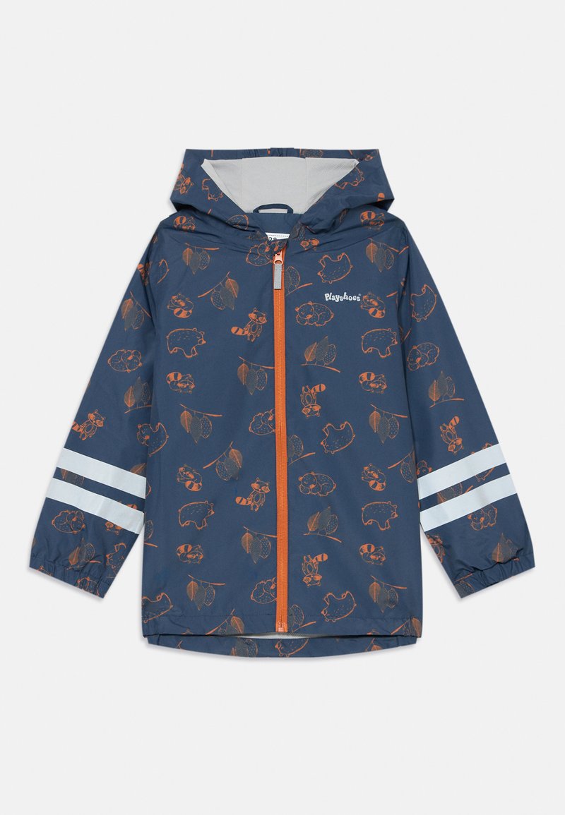 Marineblaue Regenjacke mit orangefarbenen Tier- und Blattmustern, Reißverschluss vorne und reflektierenden weißen Streifen an den Ärmeln. Hergestellt aus wasserabweisendem Material.