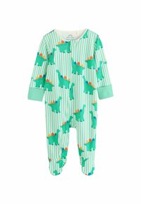 Grüner Baby-Rompers mit Dinosaurier-Muster und mintfarbenen Streifen, langen Ärmeln, Druckknopfverschluss am Hals und Fußteilen. Aus weichem Baumwollmaterial.