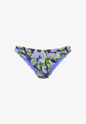 Bikinihose mit tropischem Blattmuster in Grün, Lila und Beige, mit niedrigem Bund und weicher Stoffstruktur.