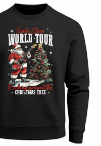 Schwarzer Sweatshirt mit einer Grafik von Weihnachtsmann, der neben einem geschmückten Weihnachtsbaum Gitarre spielt, mit rotem und weißem Text.