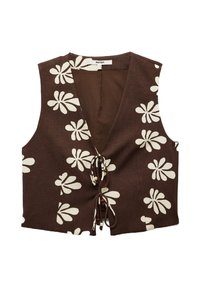 Braun ärmellose Weste mit weißem Blumenmuster, verstellbarem Bindeband und Holzperlenakzenten. Hergestellt aus strukturiertem Stoff.