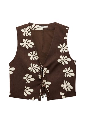 Gilet sans manches marron avec un motif floral blanc, fermeture à nouer réglable et accents en perles en bois. Fabriqué en tissu texturé.