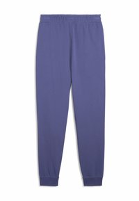 Purple tapered sweatpants with an elastic waistband and ribbed cuffs, made from soft, smooth fabric. No visible patterns or accents.