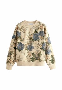 Beige huppari, jossa on sinisiä kukkia ja vihreitä lehtiä, ribbaus hihansuissa ja helmassa sekä pehmeä tekstuuri.