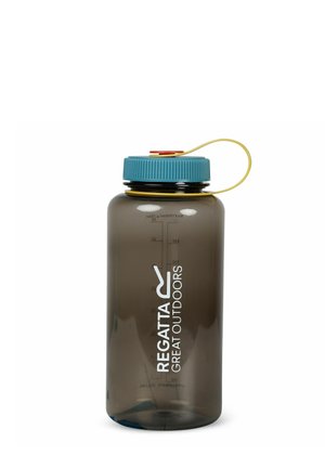 Dark translucent water bottle with blue screw cap, yellow strap, and white "Regatta Great Outdoors" text on the front.