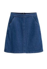 Džínová sukně v tmavě modré barvě, s přiléhavým pasem, dvěma předními kapsami a rovný střih. Hladká textura s viditelnými detaily šití.