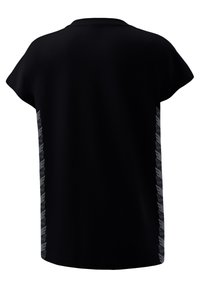 Maglietta nera a maniche corte con collo rotondo. Presenta un motivo grafico grigio a contrasto lungo i lati. Tessuto morbido.