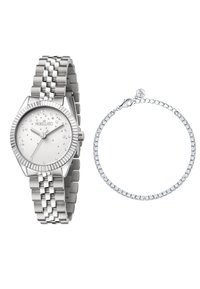 Orologio in acciaio inox argentato con quadrante tempestato di cristalli, caratterizzato da una lunetta testurizzata e un bracciale in cristallo coordinato.