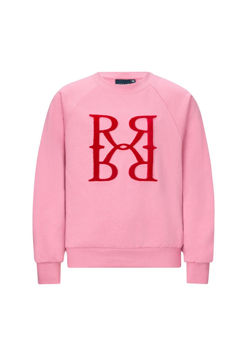 Felpa rosa con una texture morbida, caratterizzata da un grande logo rosso ricamato al centro e colletto rotondo con polsini e orlo a coste.