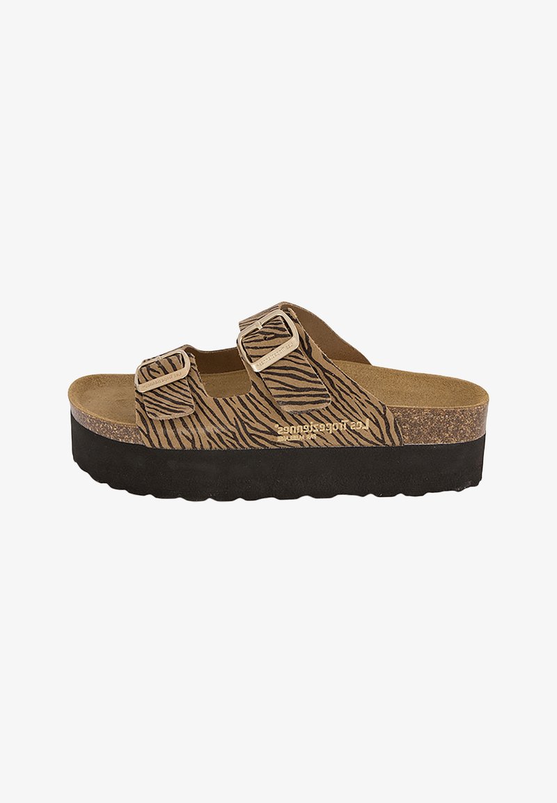 Sandalo platform marrone con strisce nere ondulate, due cinturini regolabili con fibbia, sottopiede in sughero e suola nera strutturata.