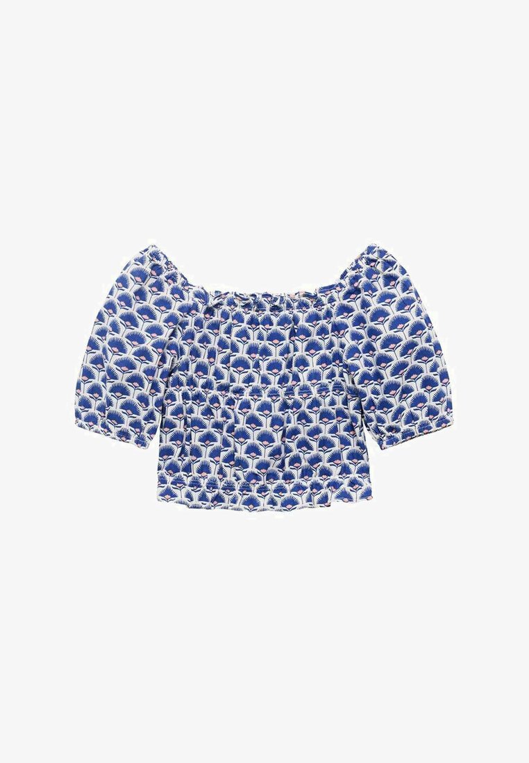 Blusa scollata in bianco con motivo floreale blu e rosa, design arricciato e maniche a palloncino. Tessuto misto cotone.