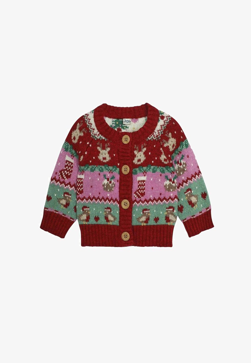 Červený pletený cardigan s vianočnými vzormi v zelenej, ružovej a bielej farbe. Obsahuje soby, vianočné ponožky a srdcia. Na prednej strane sú štyri drevené gombíky.