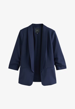 Marineblauwe blazer met open voorkant, driekwartsmouwen, reverskraag en twee voorzakken met bies.