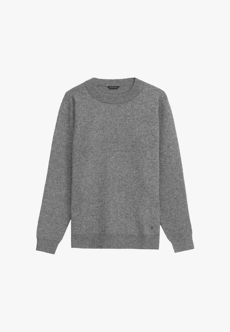 Szary sweter wykonany z miękkiego materiału, z długimi rękawami, okrągłym dekoltem, ściągaczami na mankietach oraz subtelnym logo na dole.