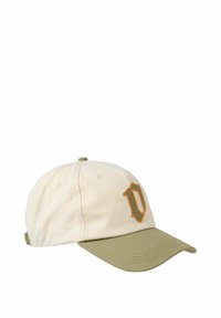 Baseball cap with a cream crown and olive green brim. Features an embroidered orange logo on the front. Made of cotton fabric.
