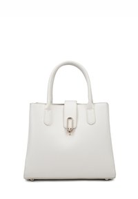 Borsa tote in pelle bianca con design strutturato, doppie maniglie superiori, chiusura a ribalta e dettagli in metallo dorato.