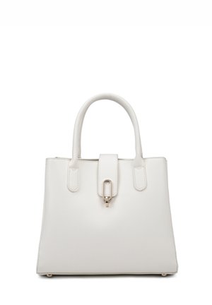 Weiße Leder-Shopper-Tasche mit strukturiertem Design, doppelten oberen Griffen, Klappenverschluss und goldfarbenen Hardware-Akzenten.