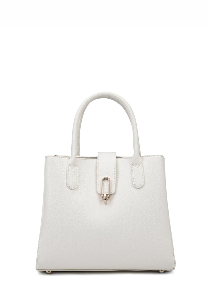 Borsa tote in pelle bianca con design strutturato, doppie maniglie superiori, chiusura a ribalta e dettagli in metallo dorato.