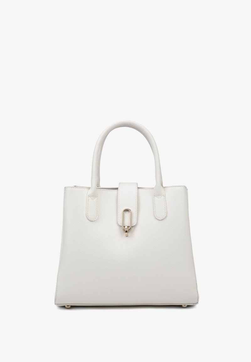 Borsa tote in pelle bianca con design strutturato, doppie maniglie superiori, chiusura a ribalta e dettagli in metallo dorato.