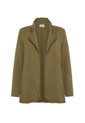 Olive green woven jacket with frayed edges, open front, and a shawl collar design. Features long sleeves and a textured finish.