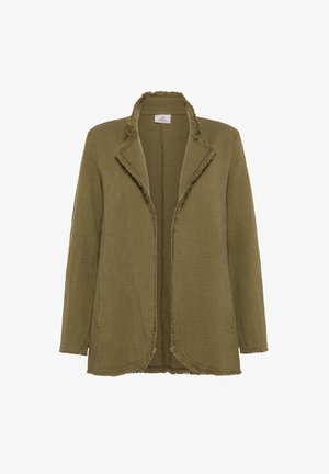 Olive green woven jacket with frayed edges, open front, and a shawl collar design. Features long sleeves and a textured finish.