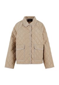 Beige quiltet jakke med diamantmønster, med rund krage, trykknapper og to frontlommer med kontrastkant.