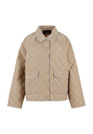 Beige quiltet jakke med diamantmønster, med rund krage, trykknapper og to frontlommer med kontrastkant.