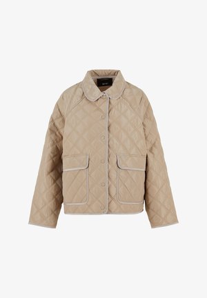 Beige izšūta jaka ar rombveida rakstu, ar noapaļotu apkakli, spiežamiem pogām un divām priekšējām kabatām ar kontrastējošu apdari.